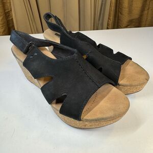 Clarks Sandals Womens Sz 7 M Annadel Bari Platform Wedge Slingback Black Cork